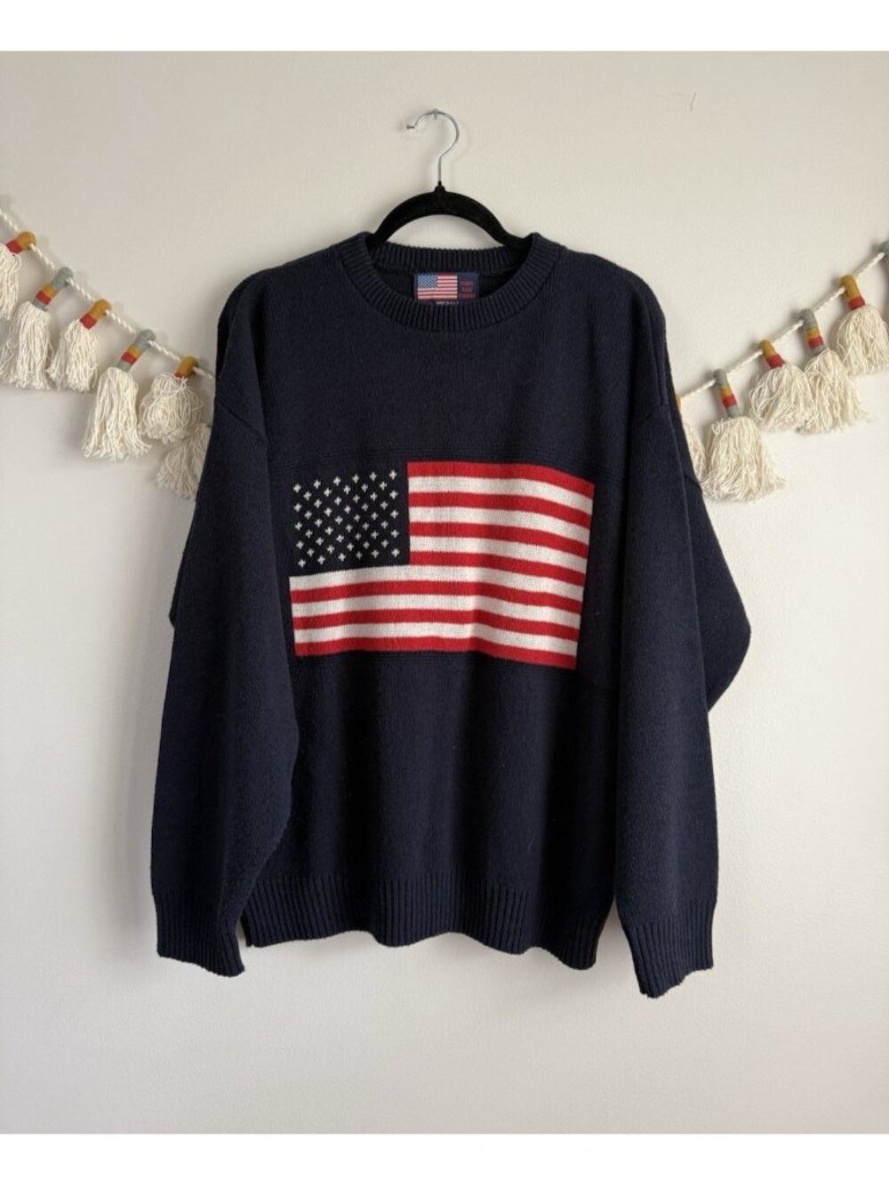 VTG Stars & Stripes Made In The USA Cotton Knit Crewneck Sweater American Flag L